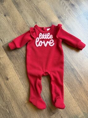 Red Knit Footed Baby One-Piece with 'Little Love' Script